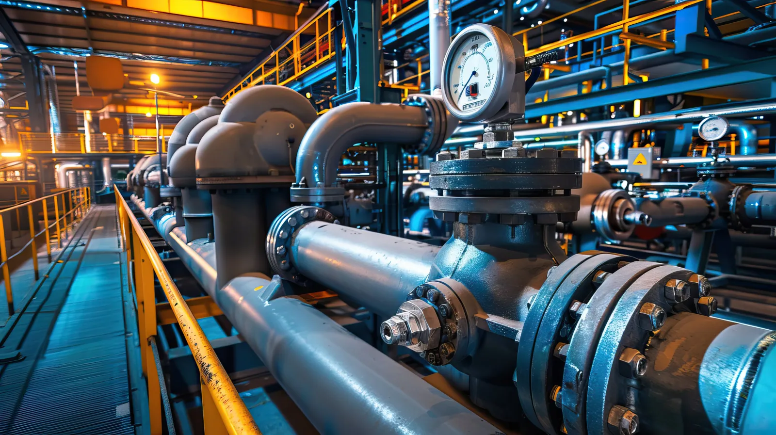 Industrial pipeline with pressure gauges