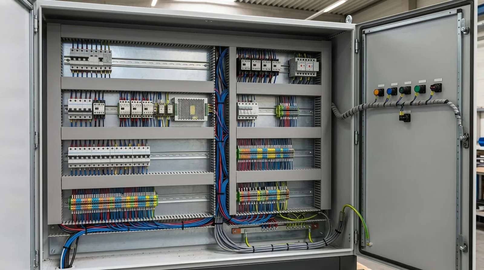 Open electrical control cabinet in an industrial workshop