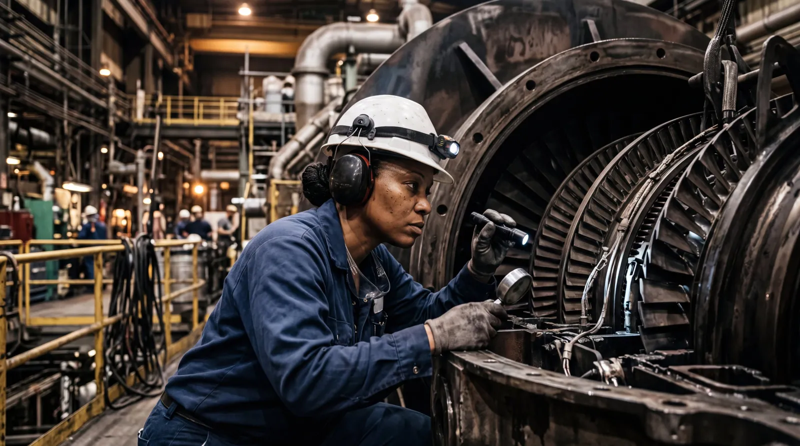 Engineer inspecting a turbine in a power station