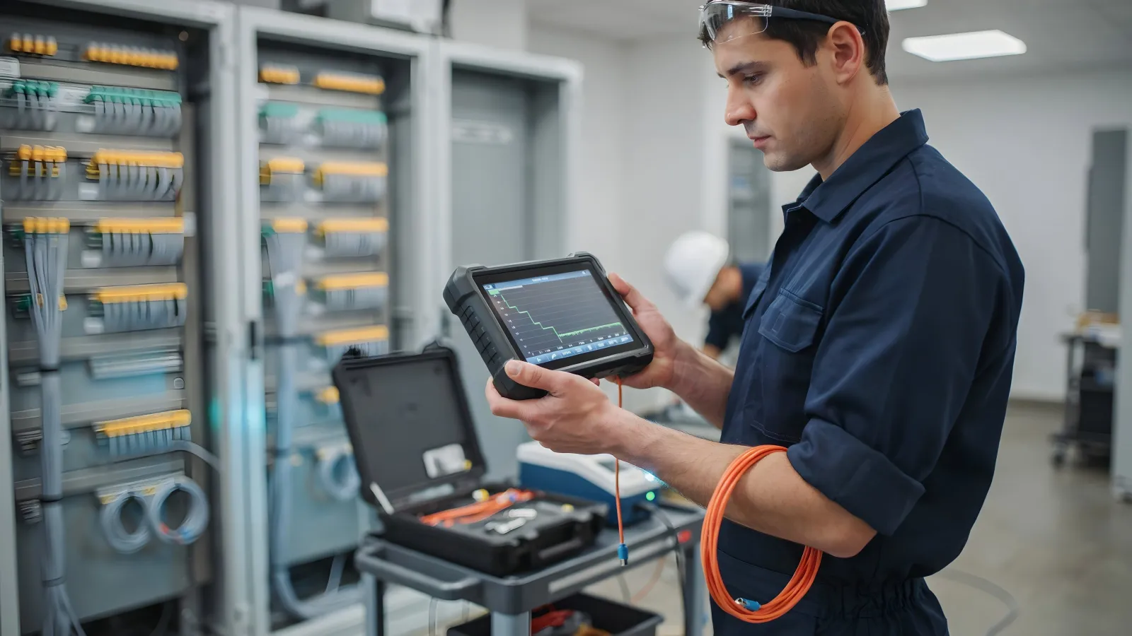 Technician testing a control cabinet with a handheld device