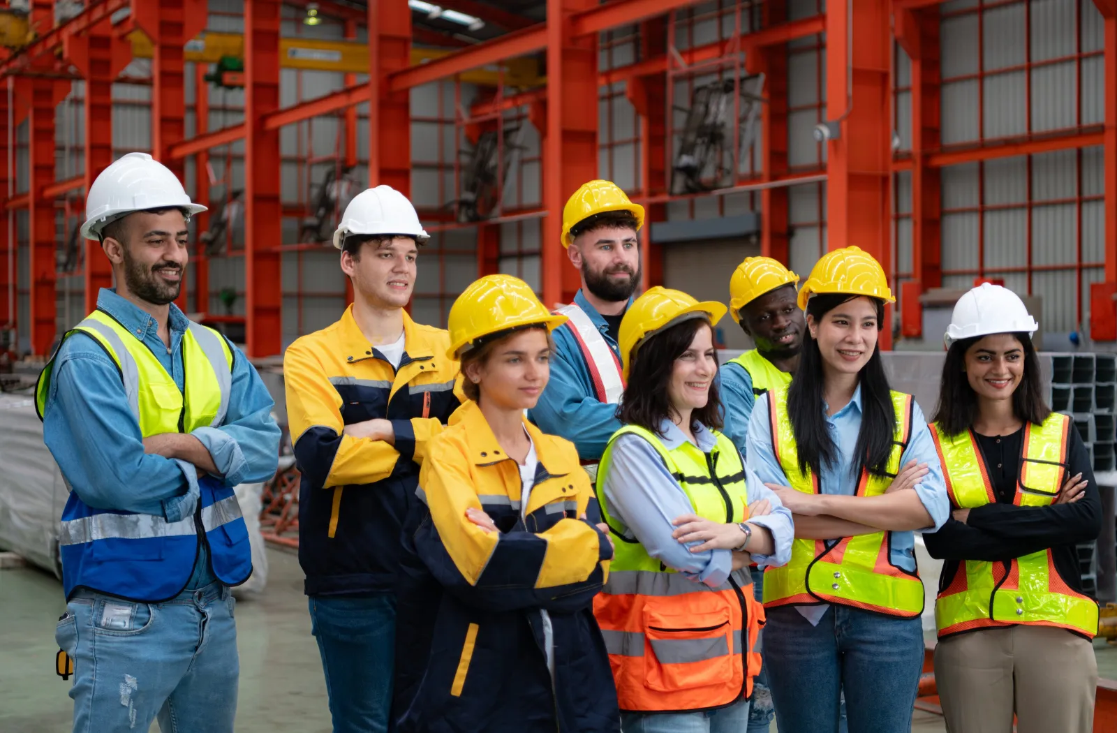 Team of engineers and technicians in hard hats
