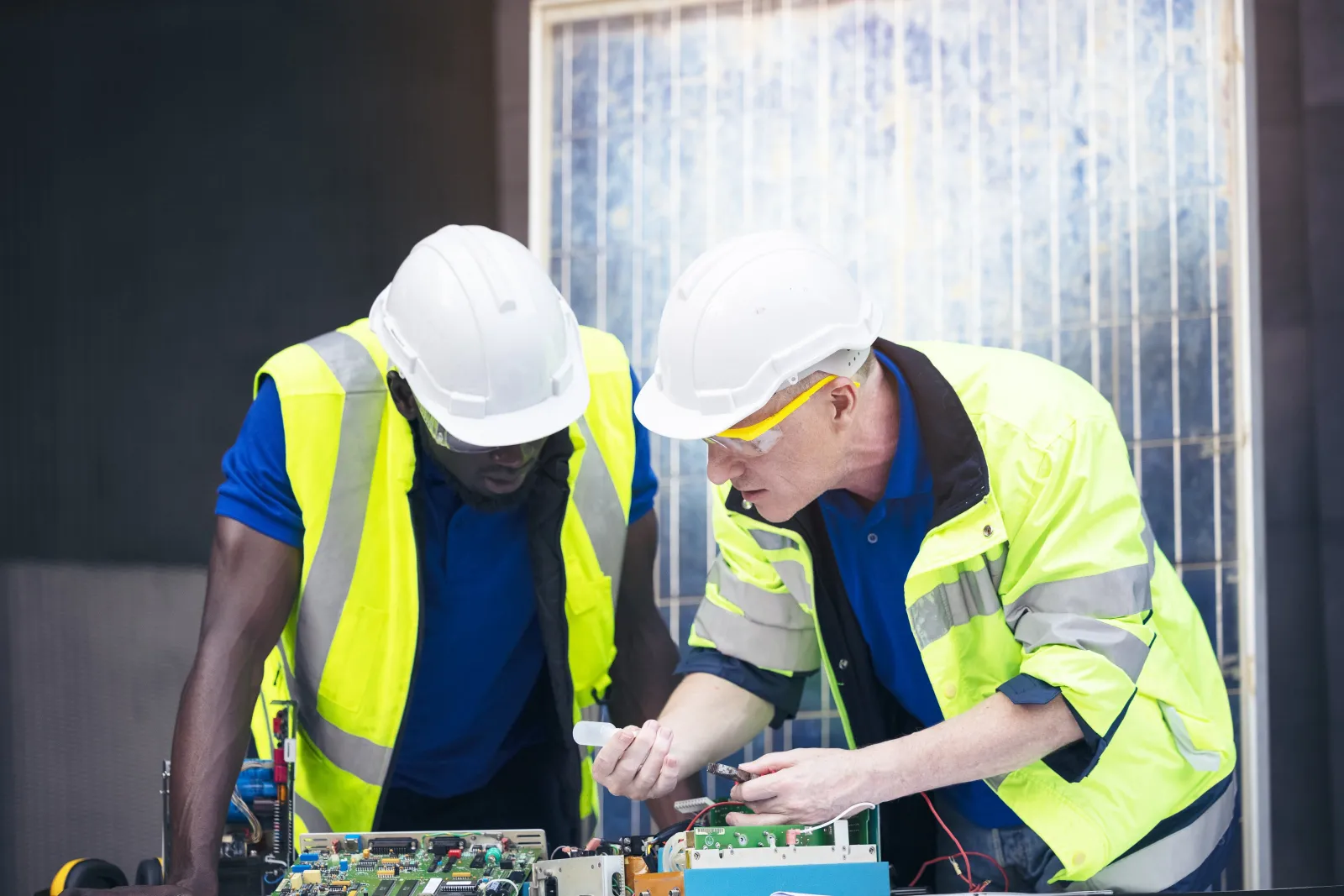 Engineers repairing an electrical control board