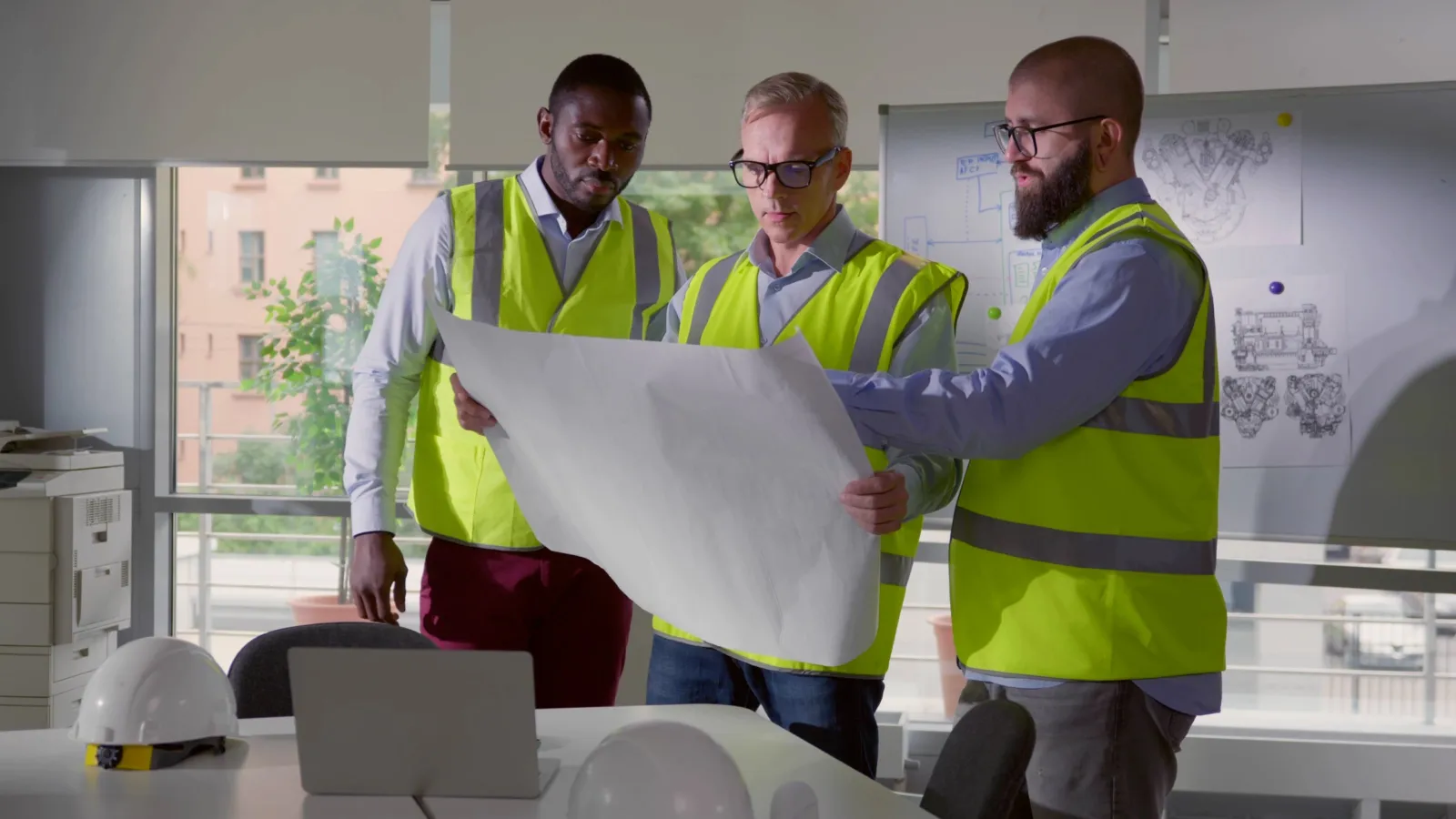 Engineers discussing a drawing in an office