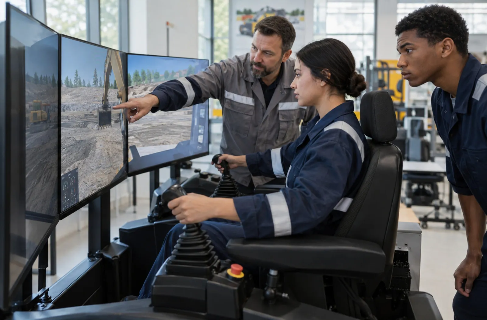 Instructor guiding trainees on an equipment simulator